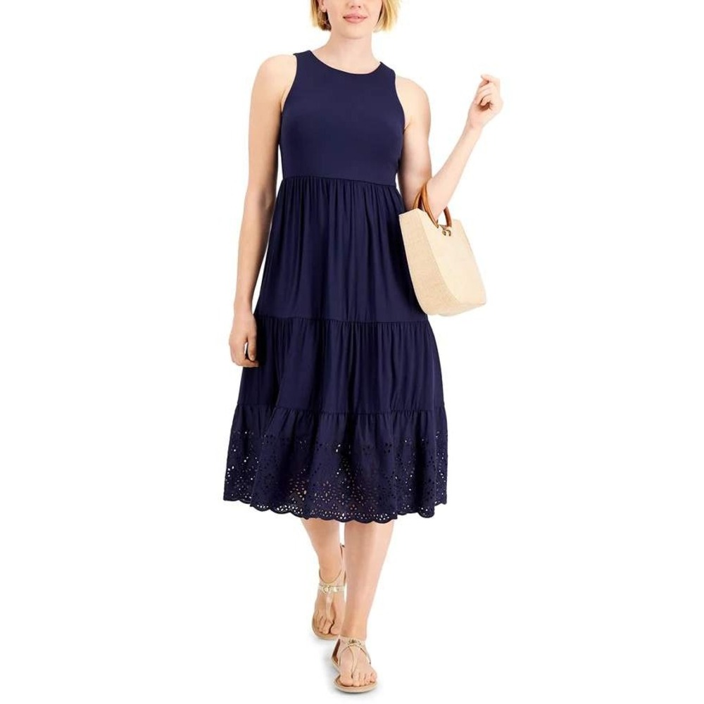 Charter Club Maxi Dress Women XS Blue Eyelet Tiered Sleeveless 100122127MS